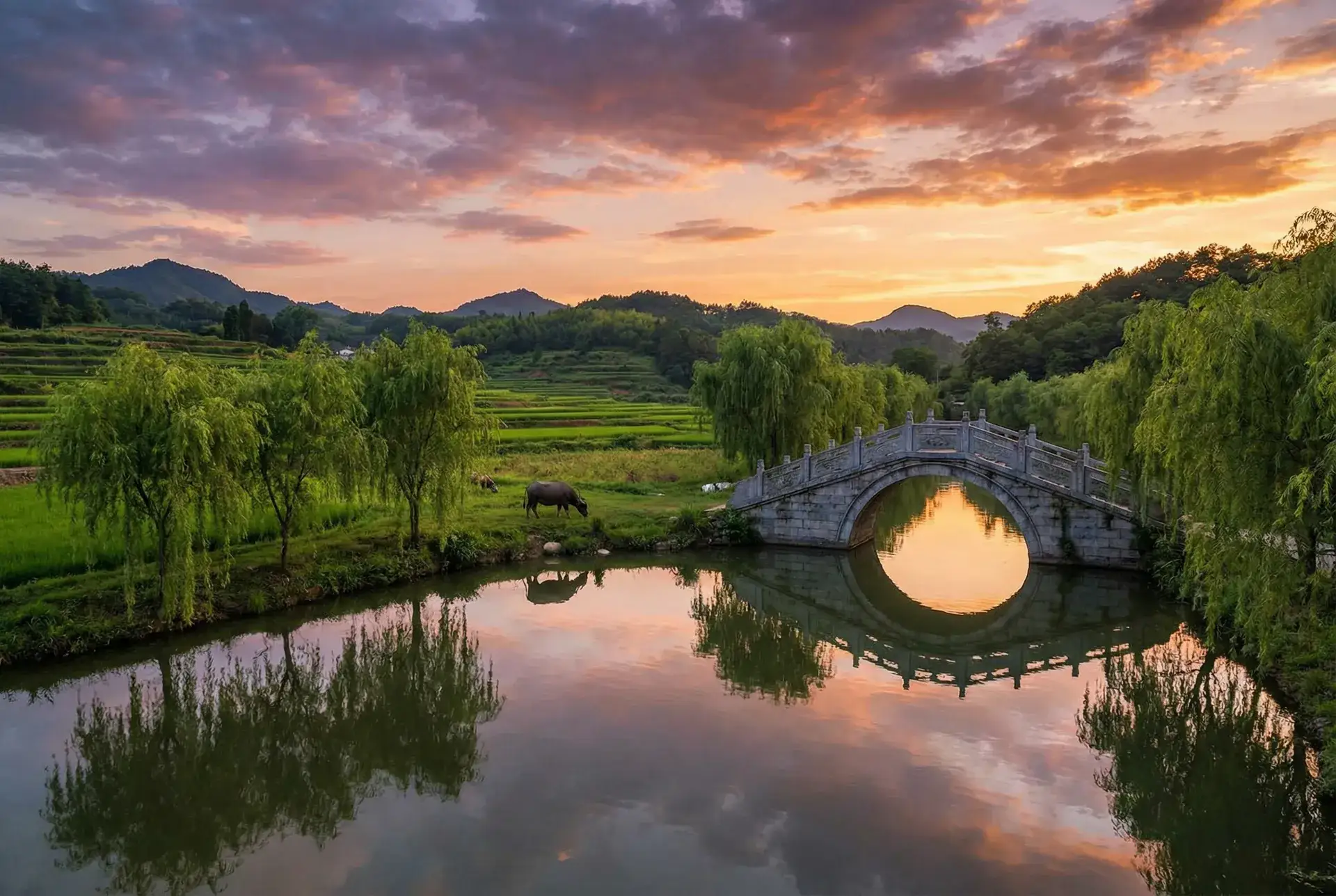 夕阳下的石拱桥与垂柳，水牛在河边吃草 - 摩登家庭第六季 乡村美景